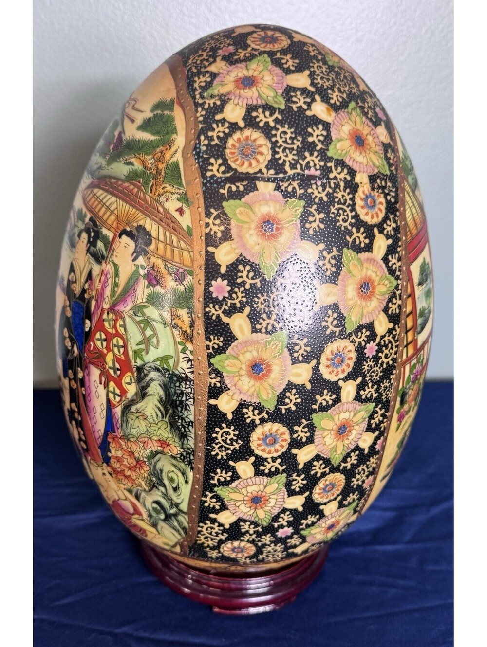Lg Satsuma Porcelain Egg Hand-painted Geishas Moriage Gold